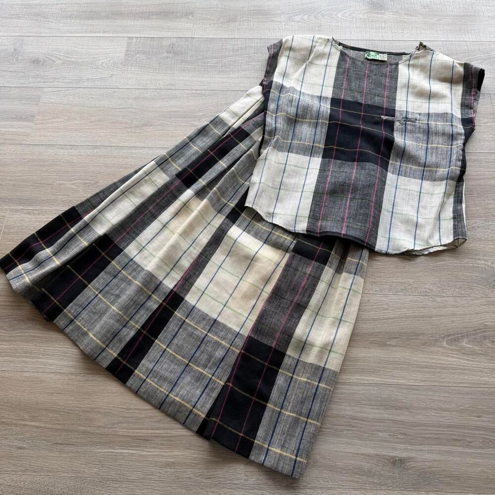 Liz Claiborne sz 10 Cream & Black Plaid Skirt Set Vintage 80s Preppy Linen Blend